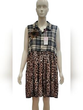 Up-Cycled Sleeveless Plaid Shacket with Leopard Print Skirt - Large